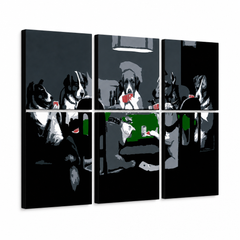 Tablou POP ART pictat manual DOGS 6 bucăți câini – Vizualizare 3D a tabloului pictat manual pe fundal alb. Culori dominante: negru, alb, verde, gri, roșu.