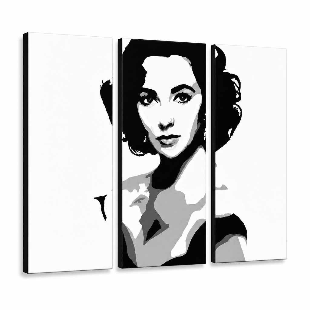 Tablou POP ART pictat manual Elizabhet Taylor 3 bucăți et – Vizualizare 3D a tabloului pictat manual pe fundal alb. Culori dominante: negru, alb, gri.