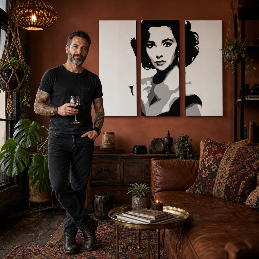 Tablou POP ART pictat manual Elizabhet Taylor 3 bucăți et – tablou într-un interior modern masculin, vizualizare lifestyle. Culori dominante: negru, alb, gri.