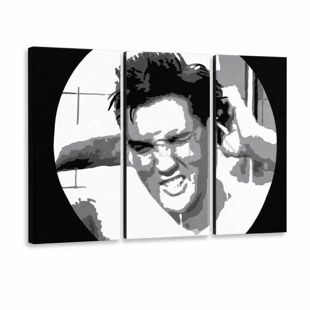 Tablou POP ART pictat manual ELVIS 3 bucăți el2 – Vizualizare 3D a tabloului pictat manual pe fundal alb. Culori dominante: negru, alb, galben.