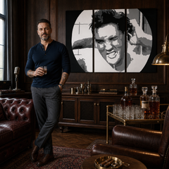 Tablou POP ART pictat manual ELVIS 3 bucăți el2 – tablou într-un interior modern masculin, vizualizare lifestyle. Culori dominante: negru, alb, galben.