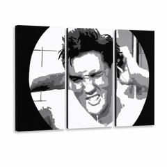 Tablou POP ART pictat manual ELVIS 3 bucăți el2 – Vizualizare 3D a tabloului pictat manual pe fundal alb. Culori dominante: negru, alb, galben.