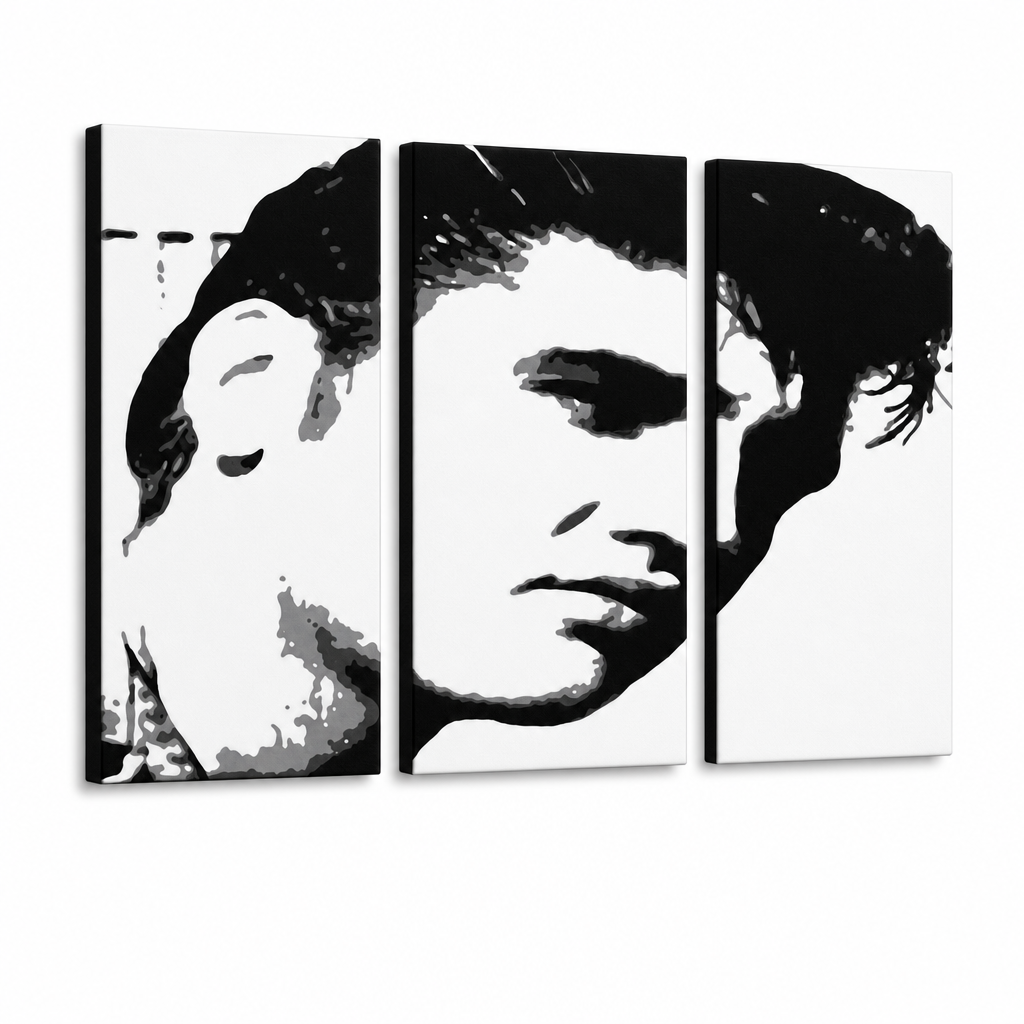 Tablou POP ART pictat manual ELVIS 3 piese el – Vizualizare 3D a tabloului pictat manual pe fundal alb. Culori dominante: negru, alb, gri.