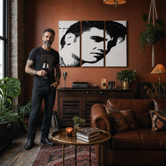 Tablou POP ART pictat manual ELVIS 3 piese el – tablou într-un interior modern masculin, vizualizare lifestyle. Culori dominante: negru, alb, gri.