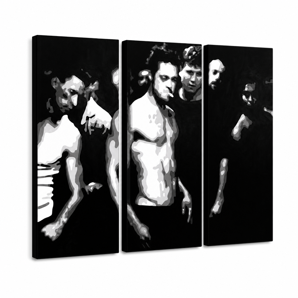 Tablou POP ART pictat manual Faces 3 piese fac – Vizualizare 3D a tabloului pictat manual pe fundal alb. Culori dominante: negru, alb, gri.
