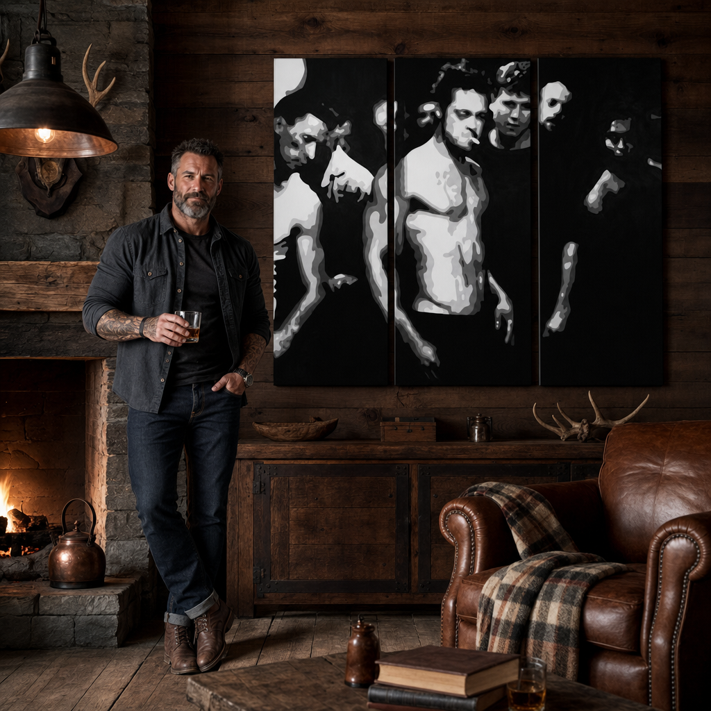 Tablou POP ART pictat manual Faces 3 piese fac – tablou într-un interior modern masculin, vizualizare lifestyle. Culori dominante: negru, alb, gri.