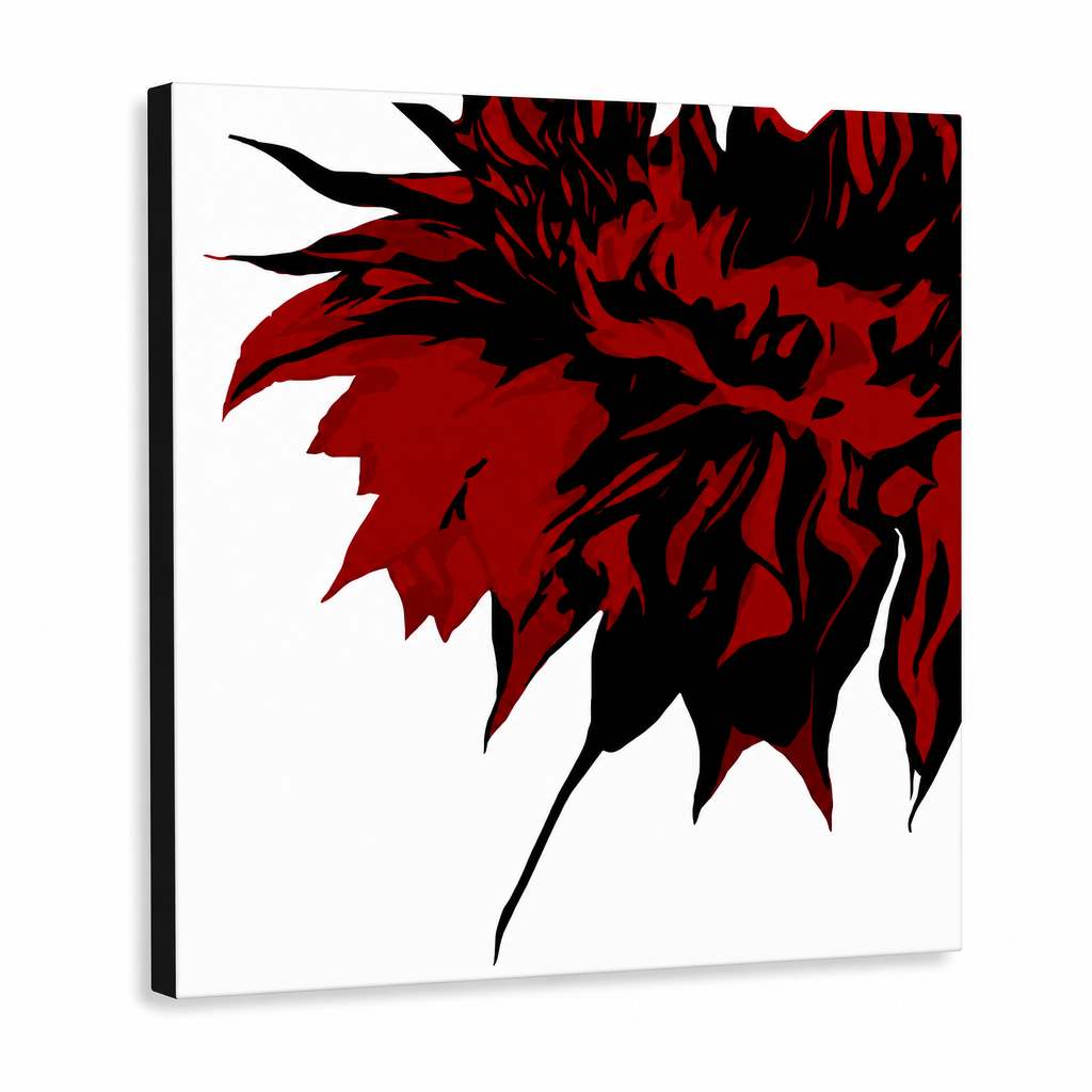 Tablou POP ART pictat manual FLOWER 3 părți flo – Vizualizare 3D a tabloului pictat manual pe fundal alb. Culori dominante: negru, roșu, portocaliu.