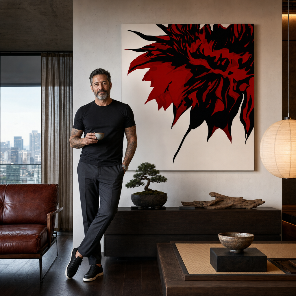 Tablou POP ART pictat manual FLOWER 3 părți flo – tablou într-un interior modern masculin, vizualizare lifestyle. Culori dominante: negru, roșu, portocaliu.