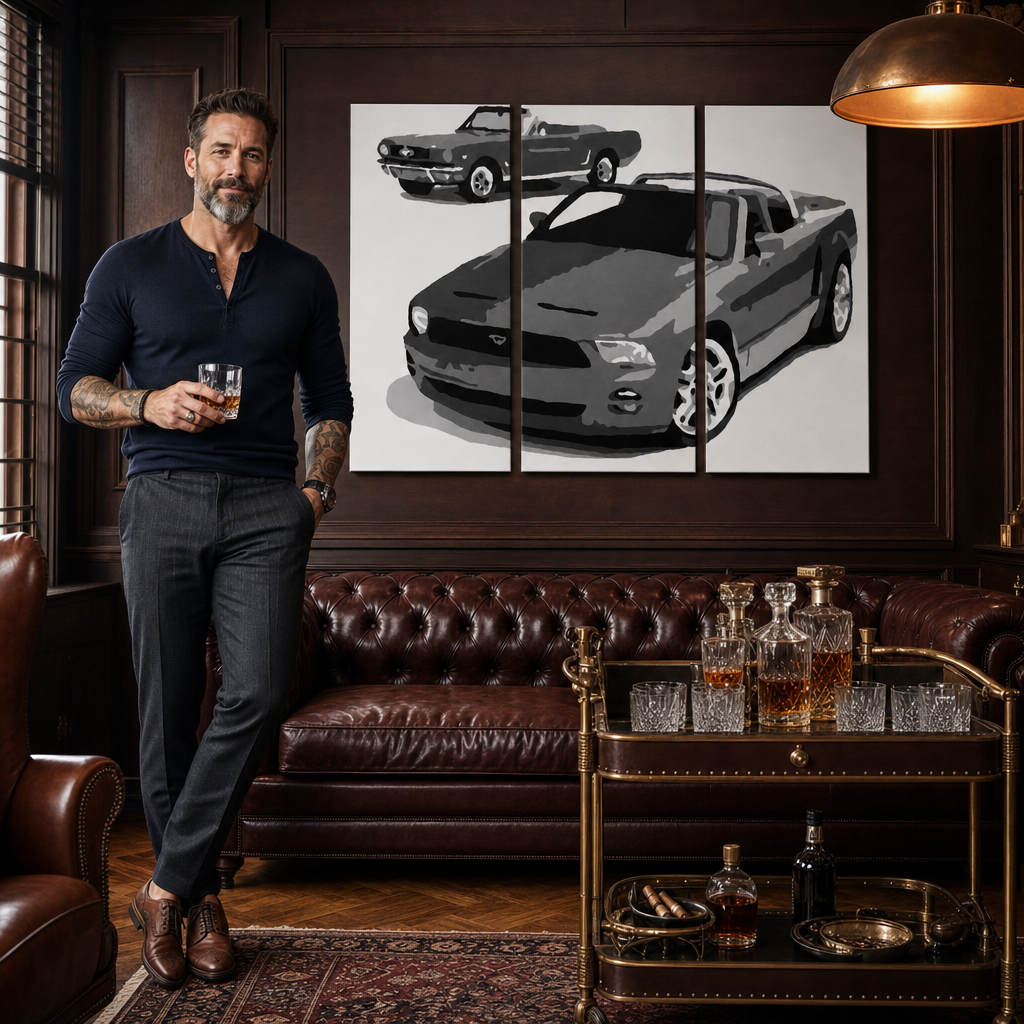 Tablou POP ART pictat manual FORD MUSTANG 3 bucăți fm2 – tablou într-un interior modern masculin, vizualizare lifestyle. Culori dominante: negru, alb, gri.