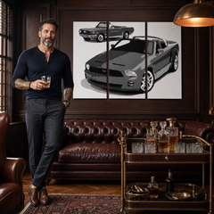 Tablou POP ART pictat manual FORD MUSTANG 3 bucăți fm2 – tablou într-un interior modern masculin, vizualizare lifestyle. Culori dominante: negru, alb, gri.