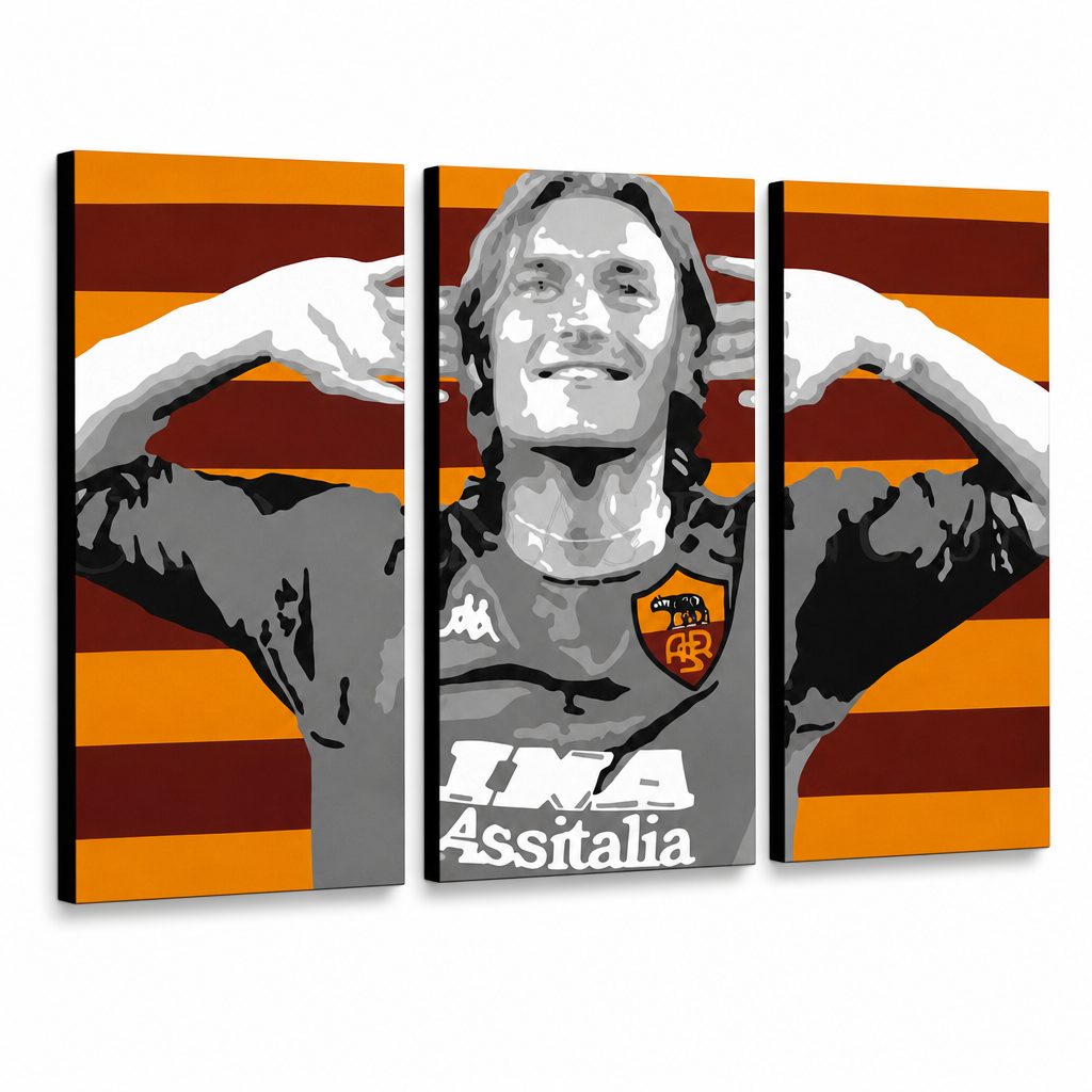 Tablou POP ART pictat manual Francesco Totti 3 buc tot – Vizualizare 3D a tabloului pictat manual pe fundal alb. Culori dominante: roșu, portocaliu, gri, negru, alb.