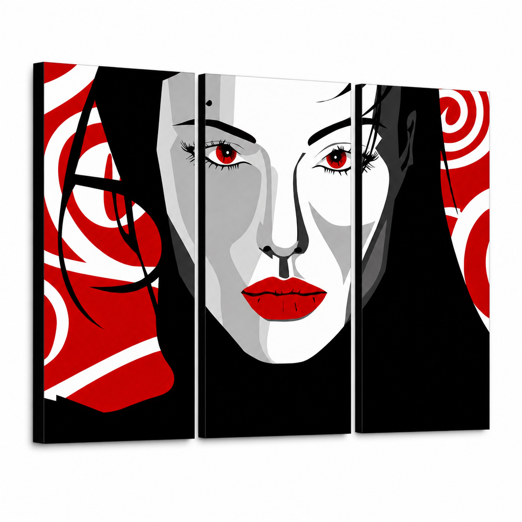 Tablou POP ART pictat manual frumos FEMEIE 3 bucăți nwoman – Vizualizare 3D a tabloului pictat manual pe fundal alb. Culori dominante: negru, roșu, alb.