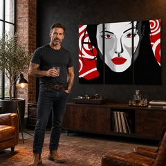 Tablou POP ART pictat manual frumos FEMEIE 3 bucăți nwoman – tablou într-un interior modern masculin, vizualizare lifestyle. Culori dominante: negru, roșu, alb.