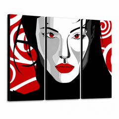 Tablou POP ART pictat manual frumos FEMEIE 3 bucăți nwoman – Vizualizare 3D a tabloului pictat manual pe fundal alb. Culori dominante: negru, roșu, alb.