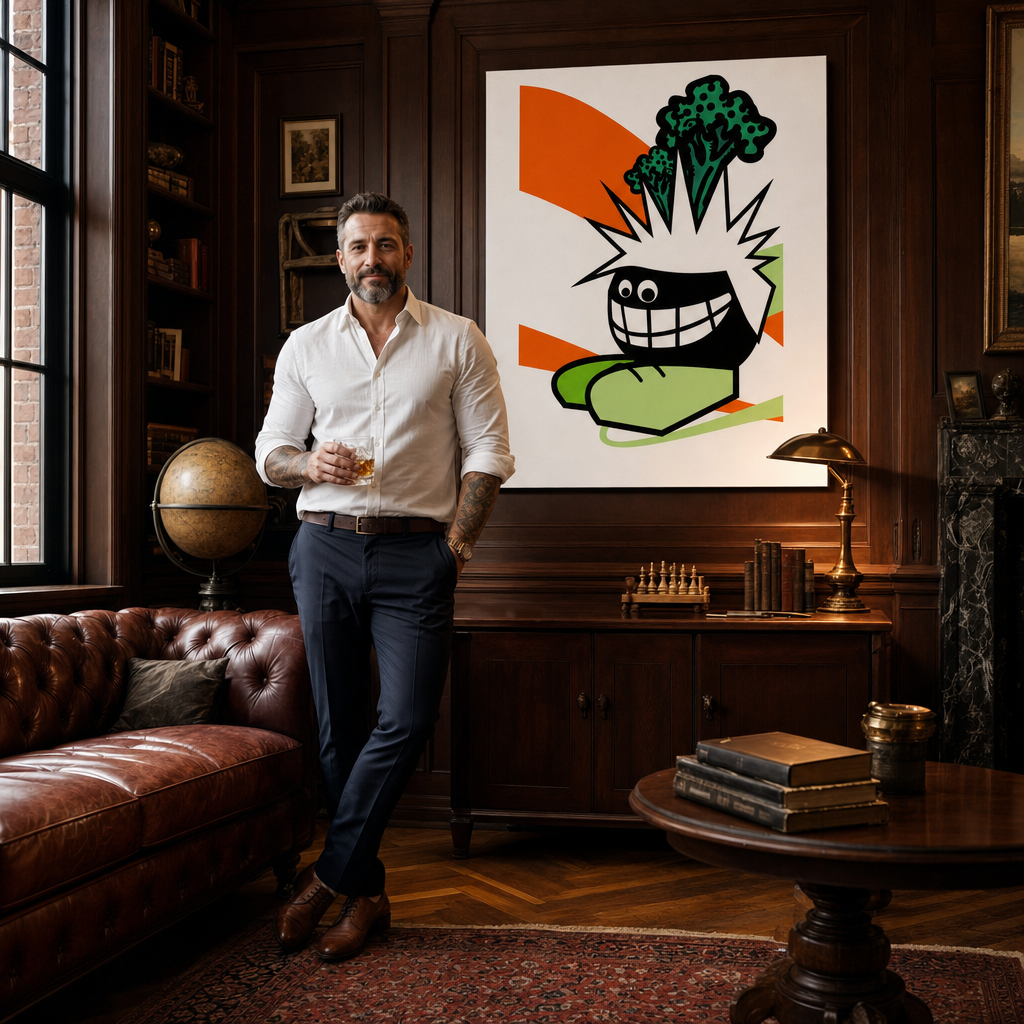 Tablou POP ART pictat manual Funny 1 buc funy – tablou într-un interior modern masculin, vizualizare lifestyle. Culori dominante: portocaliu, negru, verde.