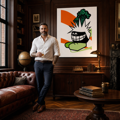 Tablou POP ART pictat manual Funny 1 buc funy – tablou într-un interior modern masculin, vizualizare lifestyle. Culori dominante: portocaliu, negru, verde.
