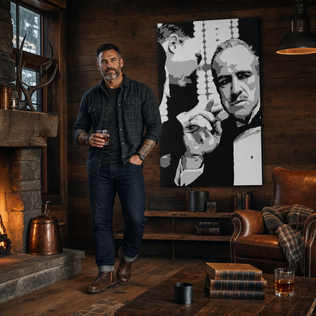 Tablou POP ART pictat manual GODFATHER 1 buc gfoh – tablou într-un interior modern masculin, vizualizare lifestyle. Culori dominante: negru, alb, gri.