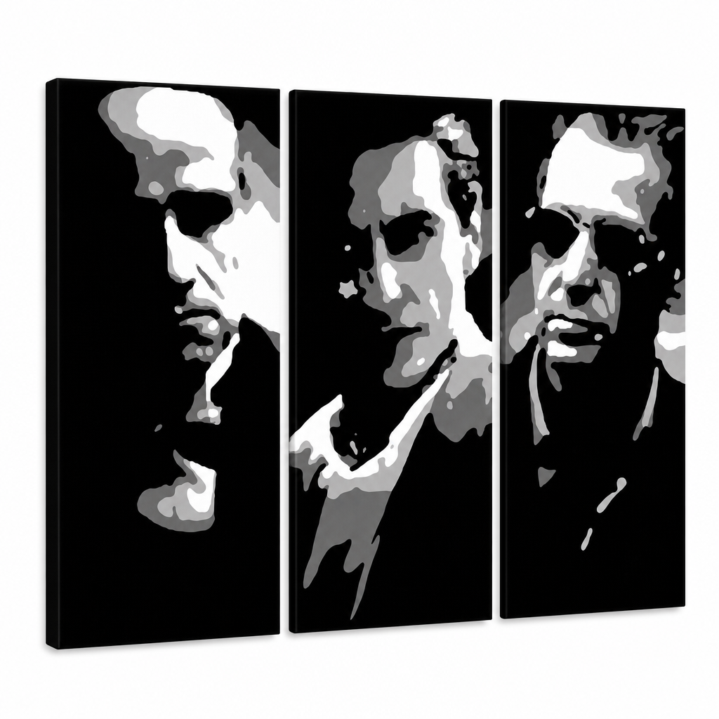 Tablou POP ART pictat manual GODFATHER 3 buc god2 – Vizualizare 3D a tabloului pictat manual pe fundal alb. Culori dominante: negru, alb, gri.