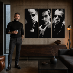 Tablou POP ART pictat manual GODFATHER 3 buc god2 – tablou într-un interior modern masculin, vizualizare lifestyle. Culori dominante: negru, alb, gri.