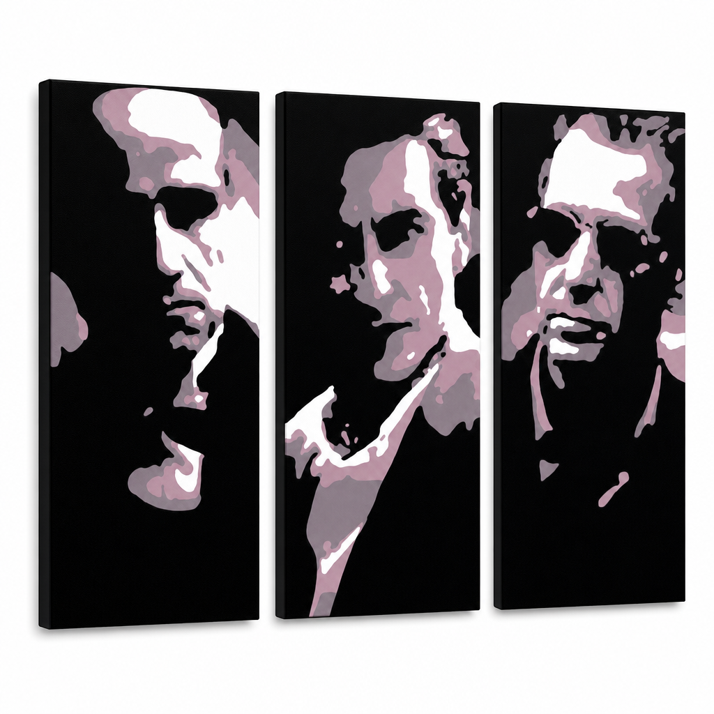 Tablou POP ART pictat manual GODFATHER 3 buc god3 – Vizualizare 3D a tabloului pictat manual pe fundal alb. Culori dominante: negru, roz, alb.