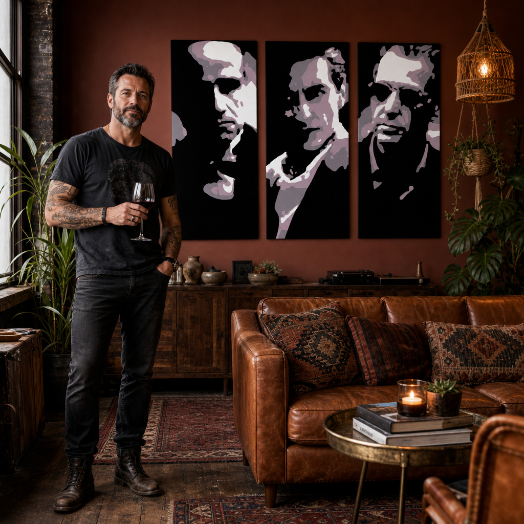 Tablou POP ART pictat manual GODFATHER 3 buc god3 – tablou într-un interior modern masculin, vizualizare lifestyle. Culori dominante: negru, roz, alb.
