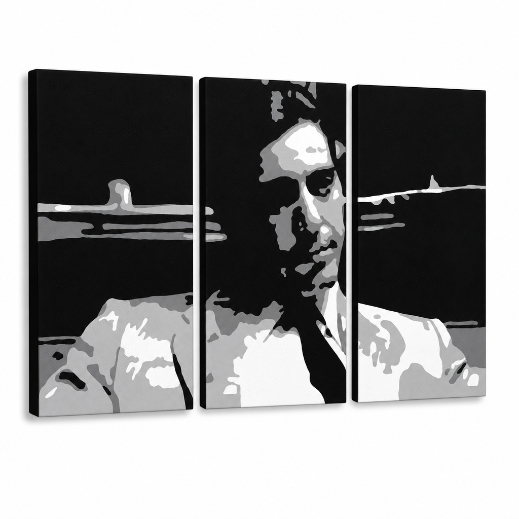 Tablou POP ART pictat manual GODFATHER 3 buc god6 – Vizualizare 3D a tabloului pictat manual pe fundal alb. Culori dominante: negru, alb, gri.