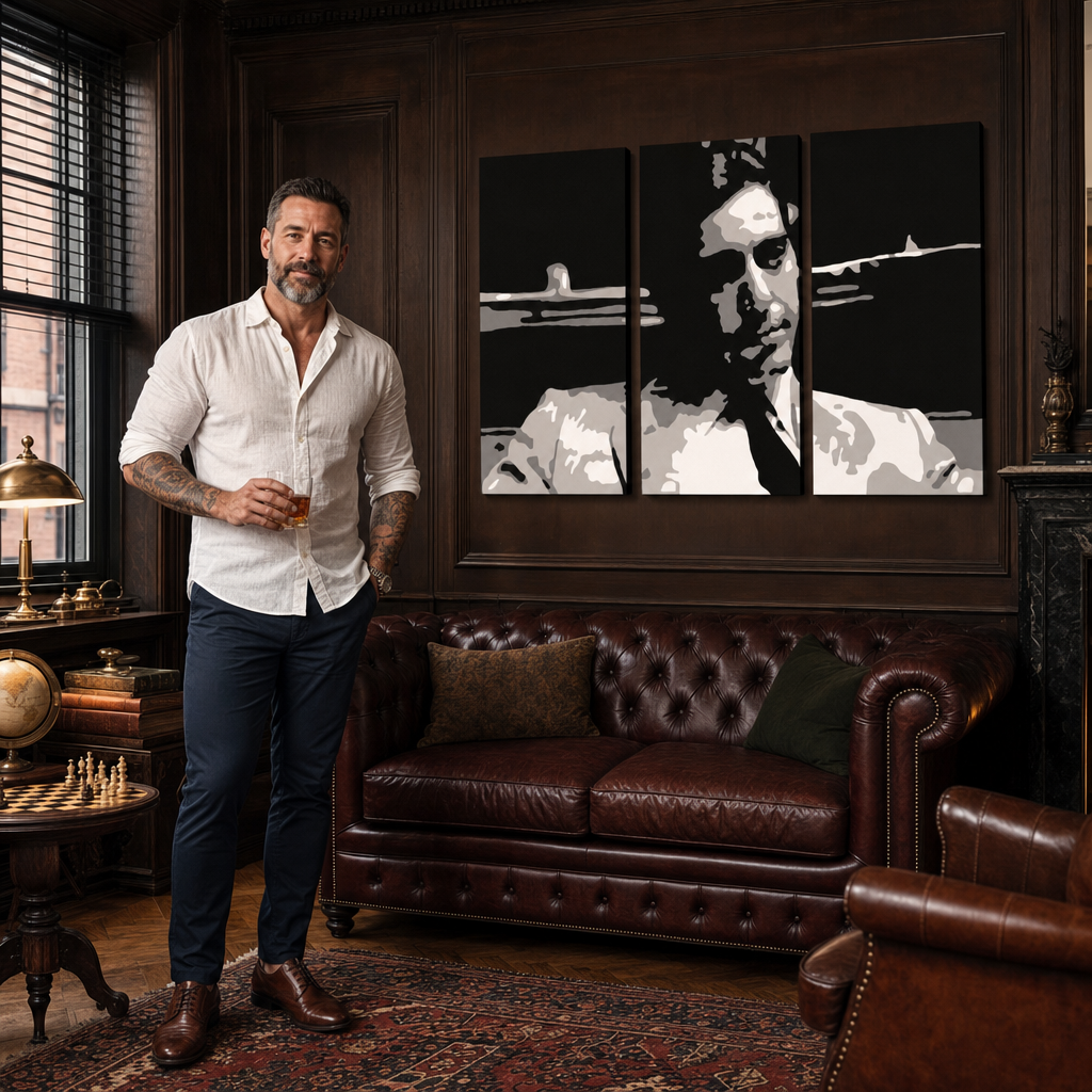 Tablou POP ART pictat manual GODFATHER 3 buc god6 – tablou într-un interior modern masculin, vizualizare lifestyle. Culori dominante: negru, alb, gri.