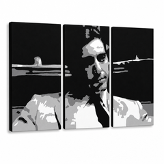 Tablou POP ART pictat manual GODFATHER 3 buc god6 – Vizualizare 3D a tabloului pictat manual pe fundal alb. Culori dominante: negru, alb, gri.