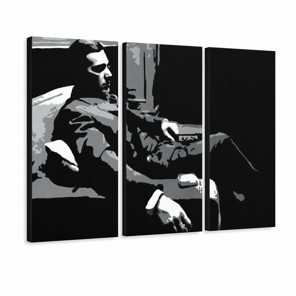 Tablou POP ART pictat manual GODFATHER 3 buc god7 – Vizualizare 3D a tabloului pictat manual pe fundal alb. Culori dominante: negru, gri, alb.