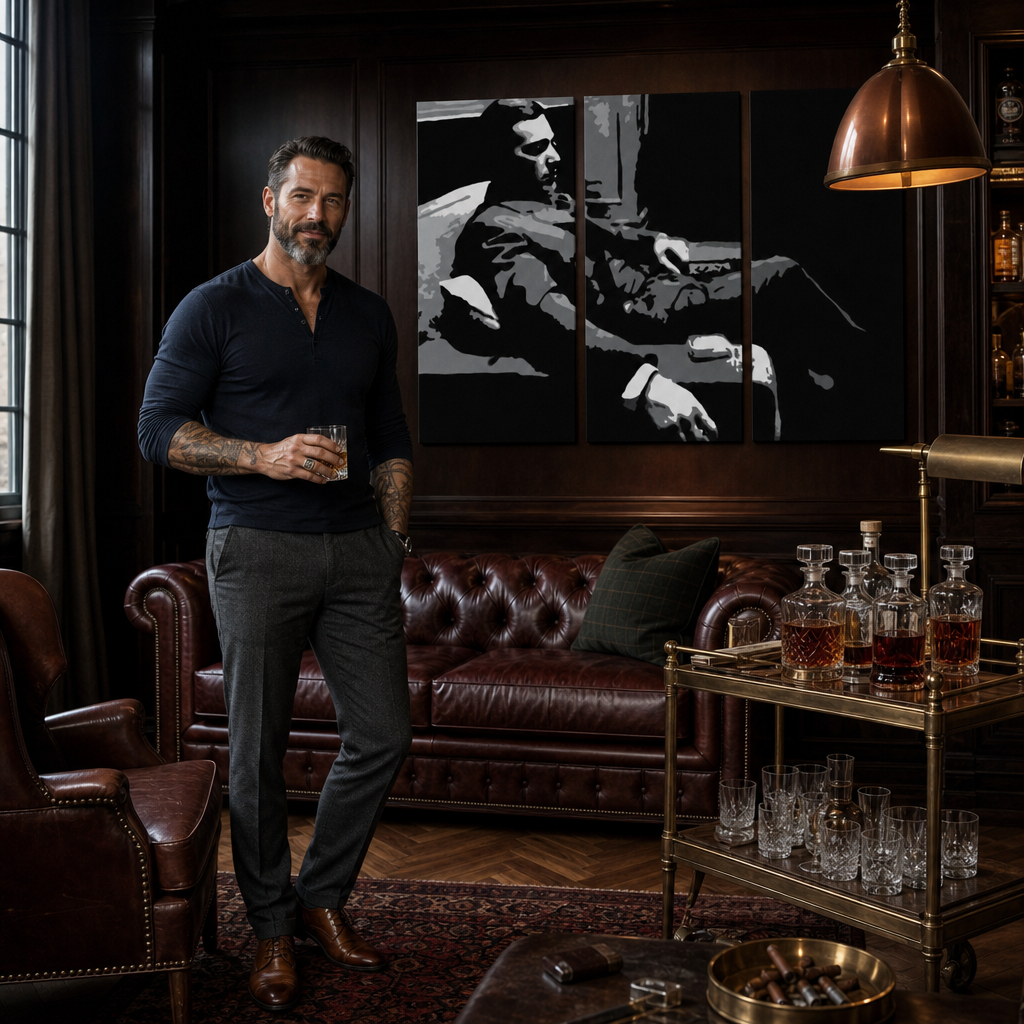 Tablou POP ART pictat manual GODFATHER 3 buc god7 – tablou într-un interior modern masculin, vizualizare lifestyle. Culori dominante: negru, gri, alb.
