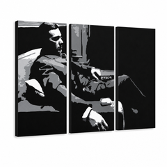 Tablou POP ART pictat manual GODFATHER 3 buc god7 – Vizualizare 3D a tabloului pictat manual pe fundal alb. Culori dominante: negru, gri, alb.