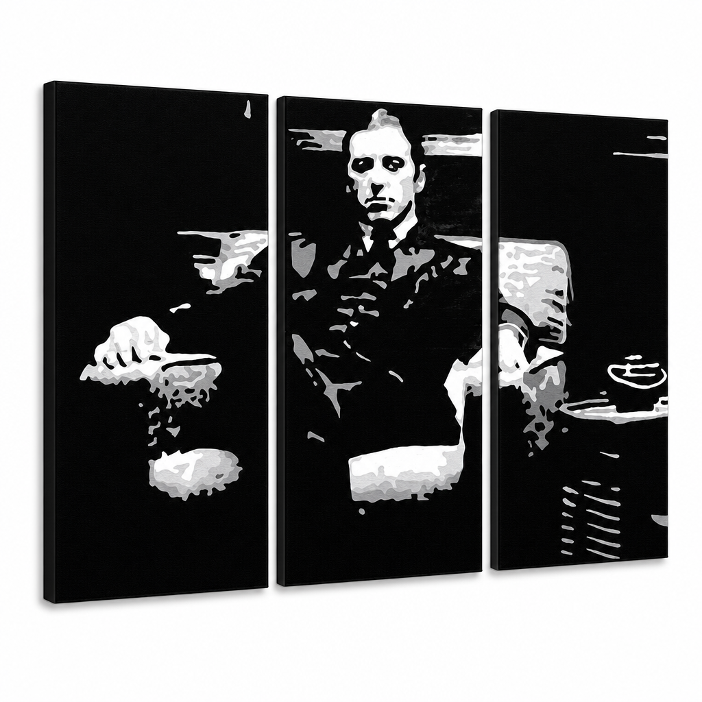 Tablou POP ART pictat manual GODFATHER 3 buc god8 – Vizualizare 3D a tabloului pictat manual pe fundal alb. Culori dominante: negru, alb, gri.