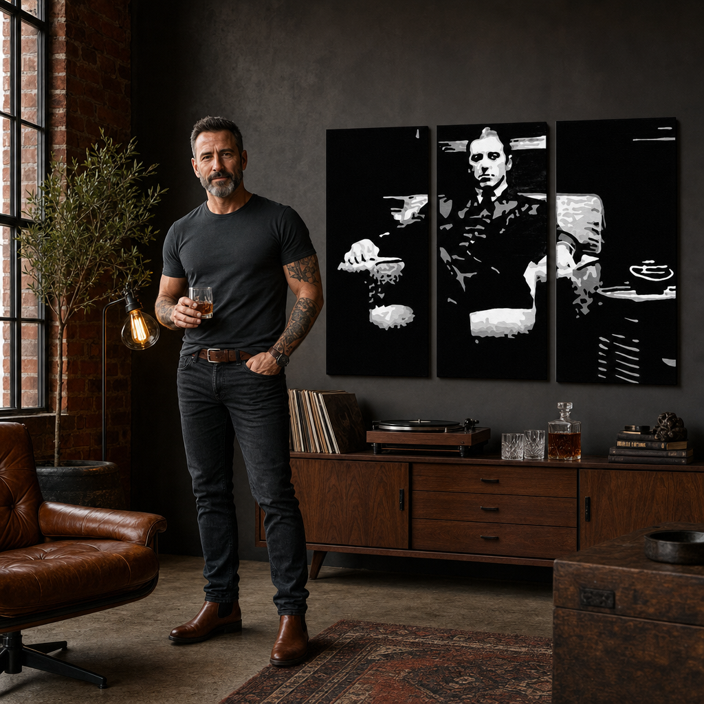 Tablou POP ART pictat manual GODFATHER 3 buc god8 – tablou într-un interior modern masculin, vizualizare lifestyle. Culori dominante: negru, alb, gri.