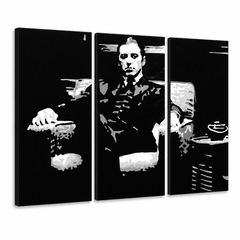 Tablou POP ART pictat manual GODFATHER 3 buc god8 – Vizualizare 3D a tabloului pictat manual pe fundal alb. Culori dominante: negru, alb, gri.