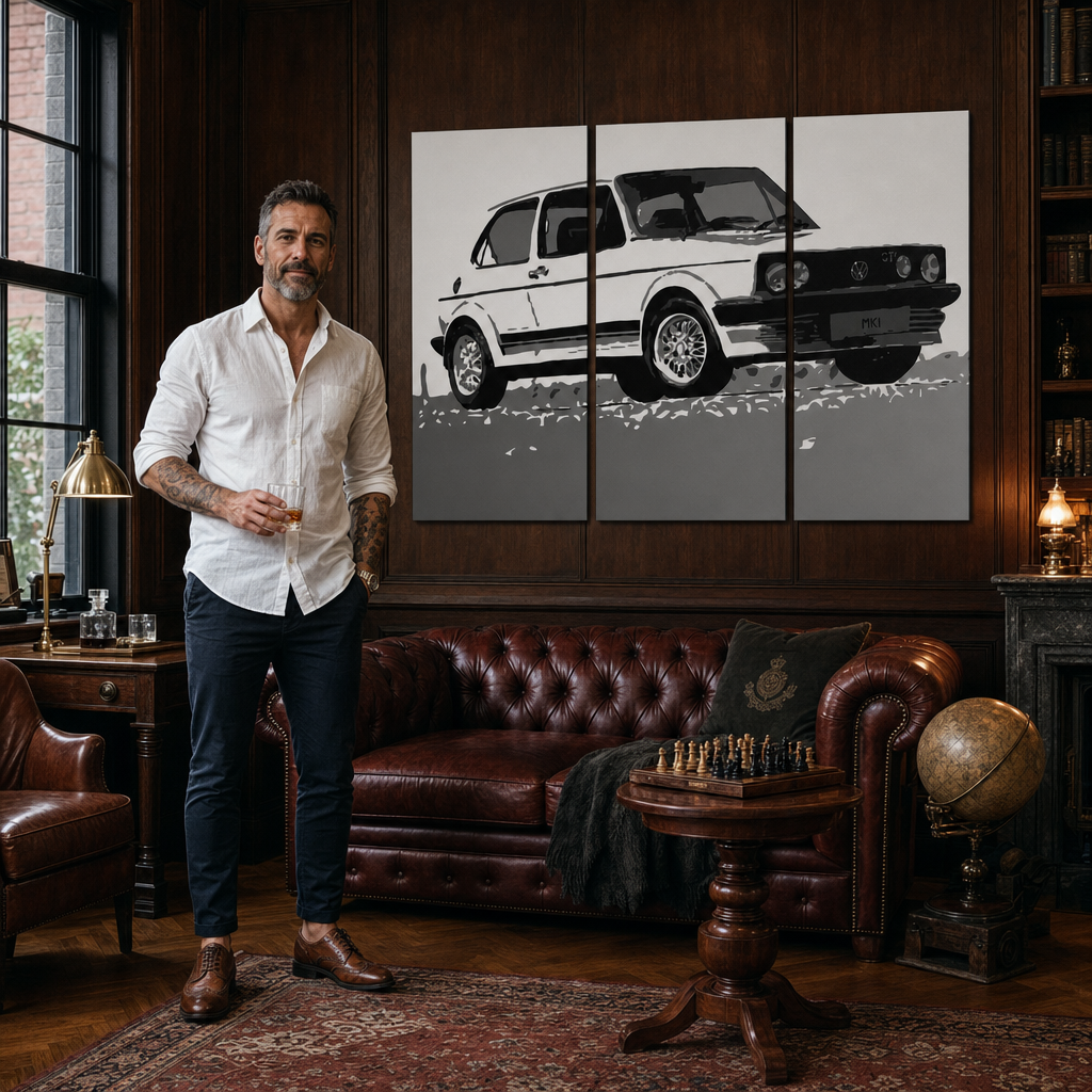 Tablou POP ART pictat manual GOLF 3 bucăți golf – tablou într-un interior modern masculin, vizualizare lifestyle. Culori dominante: alb, negru, gri.