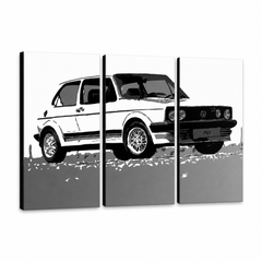 Tablou POP ART pictat manual GOLF 3 bucăți golf – Vizualizare 3D a tabloului pictat manual pe fundal alb. Culori dominante: alb, negru, gri.