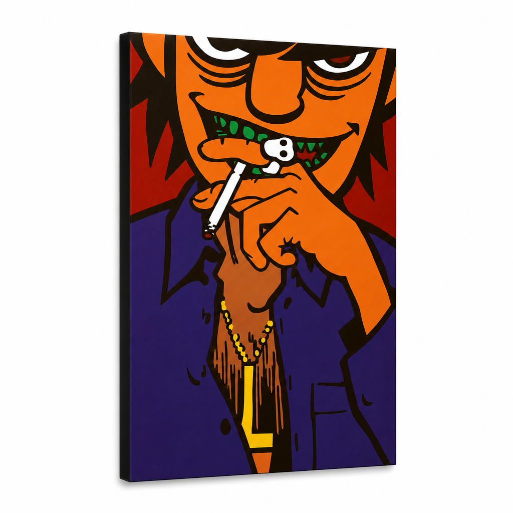 Tablou POP ART pictat manual Gorillaz 1 buc gor – Vizualizare 3D a tabloului pictat manual pe fundal alb. Culori dominante: portocaliu, negru, mov, roșu, galben.