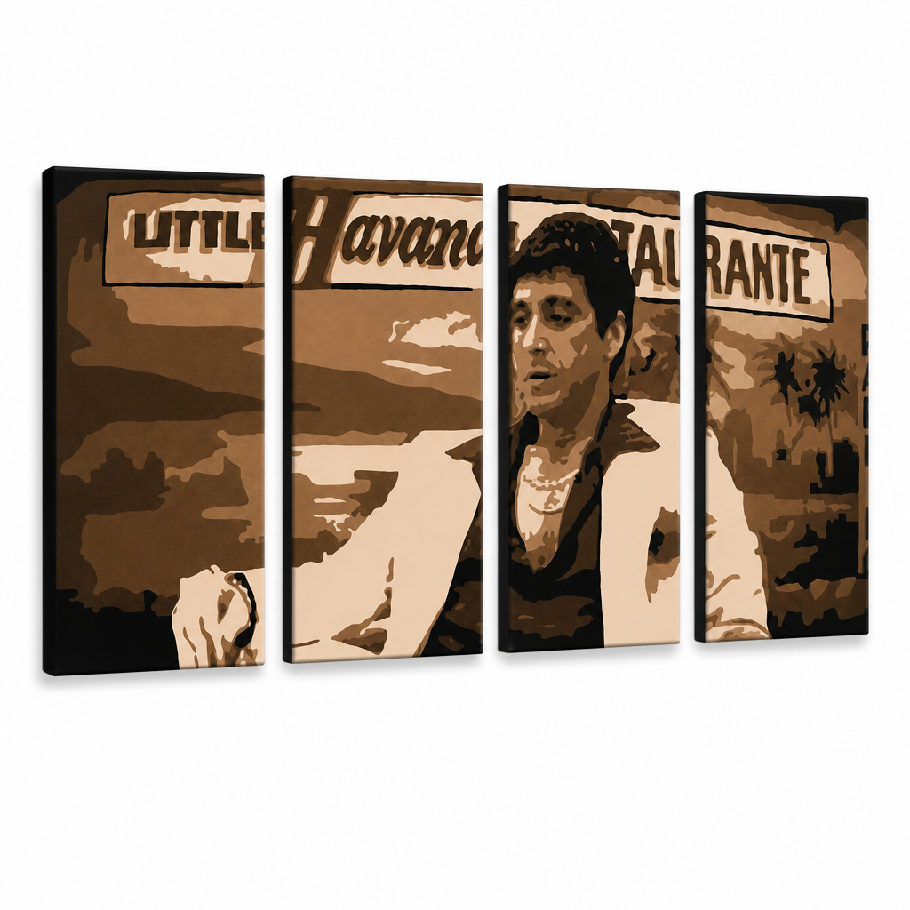 Tablou POP ART pictat manual HAVANA - AL PACINO 4 bucăți al17 – Vizualizare 3D a tabloului pictat manual pe fundal alb. Culori dominante: maro, bej, negru.