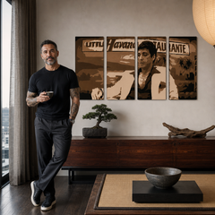 Tablou POP ART pictat manual HAVANA - AL PACINO 4 bucăți al17 – tablou într-un interior modern masculin, vizualizare lifestyle. Culori dominante: maro, bej, negru.