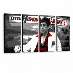 Tablou POP ART pictat manual HAVANA - AL PACINO 4 bucăți al29 – Vizualizare 3D a tabloului pictat manual pe fundal alb. Culori dominante: negru, roșu, alb, gri, maro.