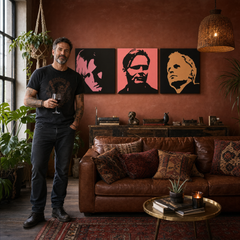 Tablou POP ART pictat manual Herbert Grônemeyer 3 buc hg – tablou într-un interior modern masculin, vizualizare lifestyle. Culori dominante: negru, roz, portocaliu.
