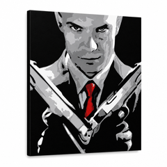 Tablou POP ART pictat manual HITMAN 1 parte hit2 – Vizualizare 3D a tabloului pictat manual pe fundal alb. Culori dominante: negru, alb, roșu, gri, maro.