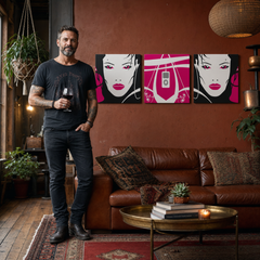 Tablou POP ART pictat manual I-GIRL 3 bucăți pw – tablou într-un interior modern masculin, vizualizare lifestyle. Culori dominante: roz, negru, alb, gri.