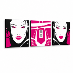 Tablou POP ART pictat manual I-GIRL 3 bucăți pw – Vizualizare 3D a tabloului pictat manual pe fundal alb. Culori dominante: roz, negru, alb, gri.