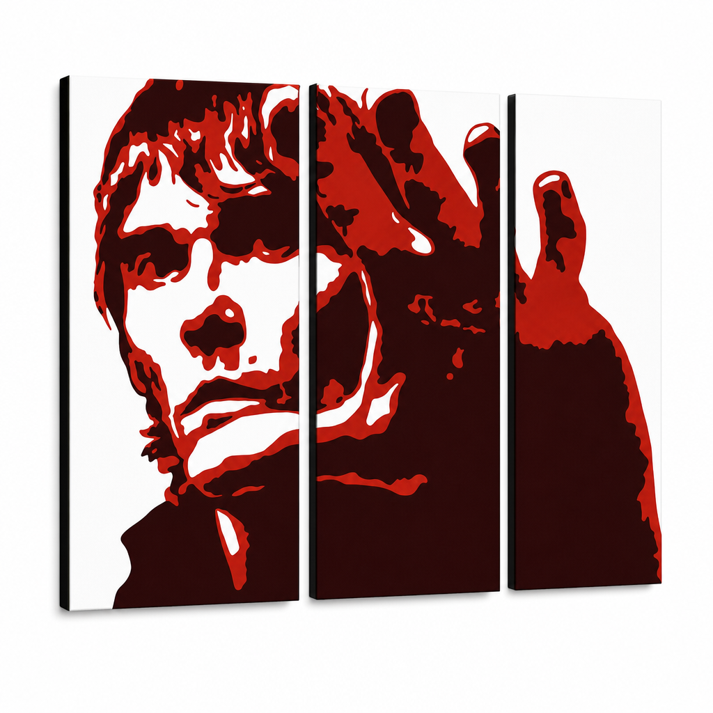 Tablou POP ART pictat manual Ian Brown 3 bucăți ib3 – Vizualizare 3D a tabloului pictat manual pe fundal alb. Culori dominante: roșu, negru, alb.