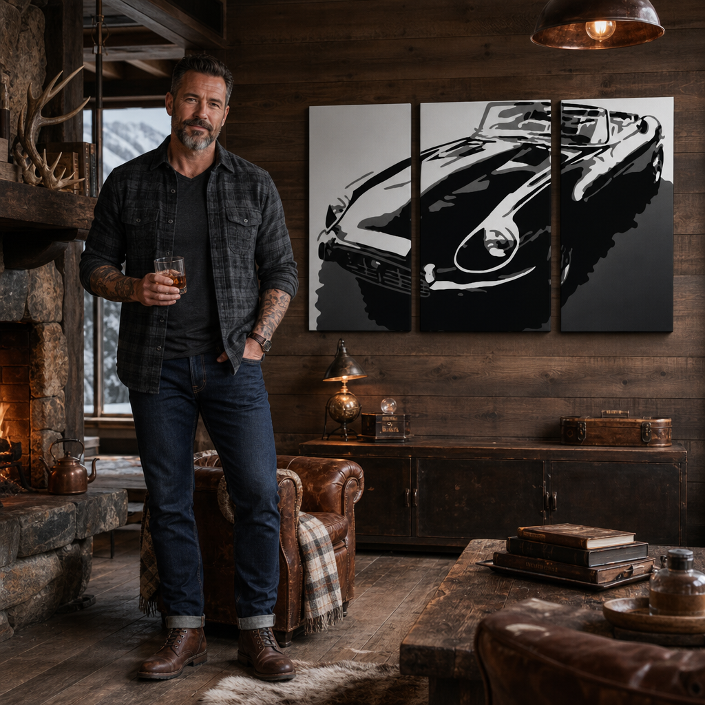Tablou POP ART pictat manual JAGUAR 3 bucăți jag – tablou într-un interior modern masculin, vizualizare lifestyle. Culori dominante: negru, alb, gri.