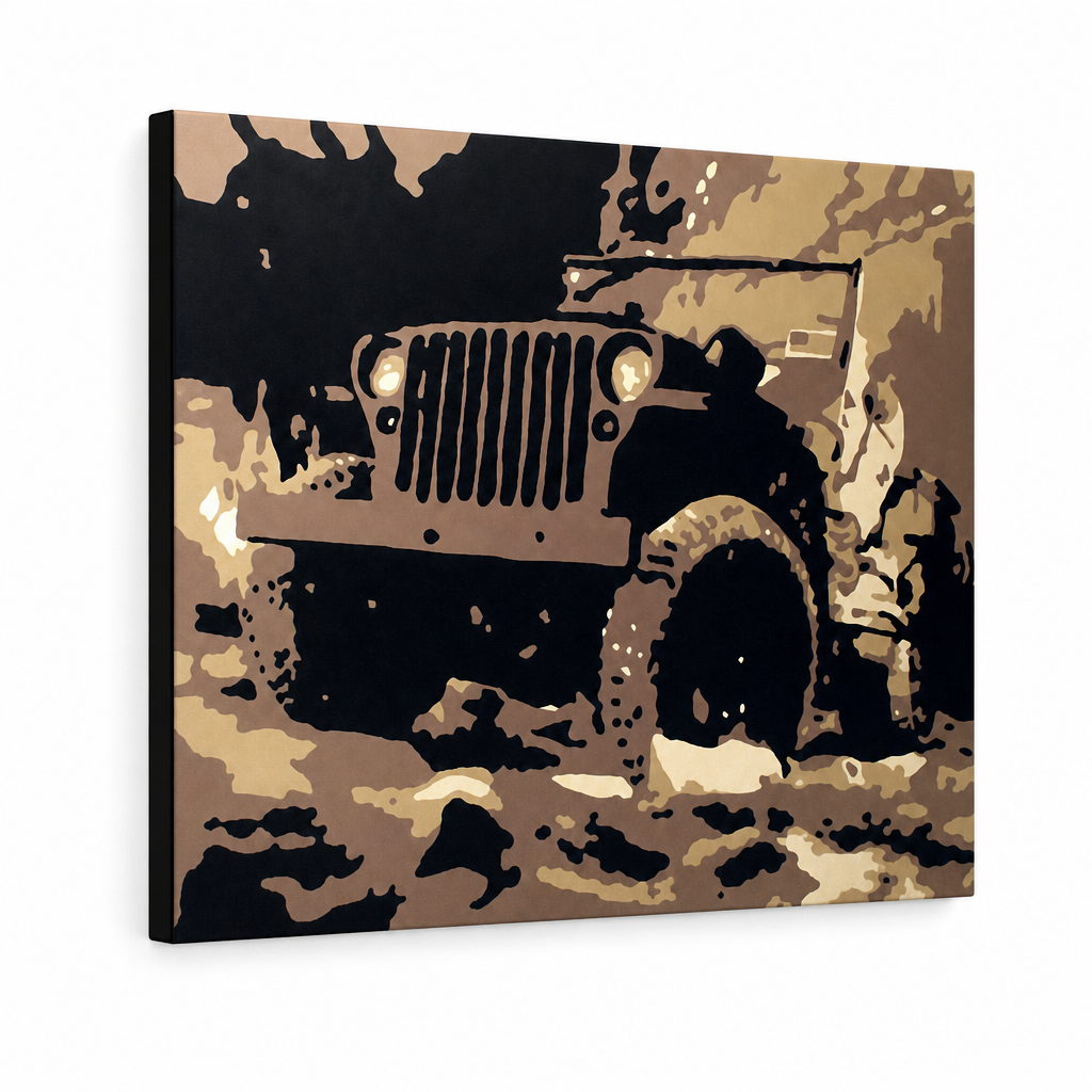 Tablou POP ART pictat manual JEEP 1 buc jeep – Vizualizare 3D a tabloului pictat manual pe fundal alb. Culori dominante: maro, negru, bej, auriu.