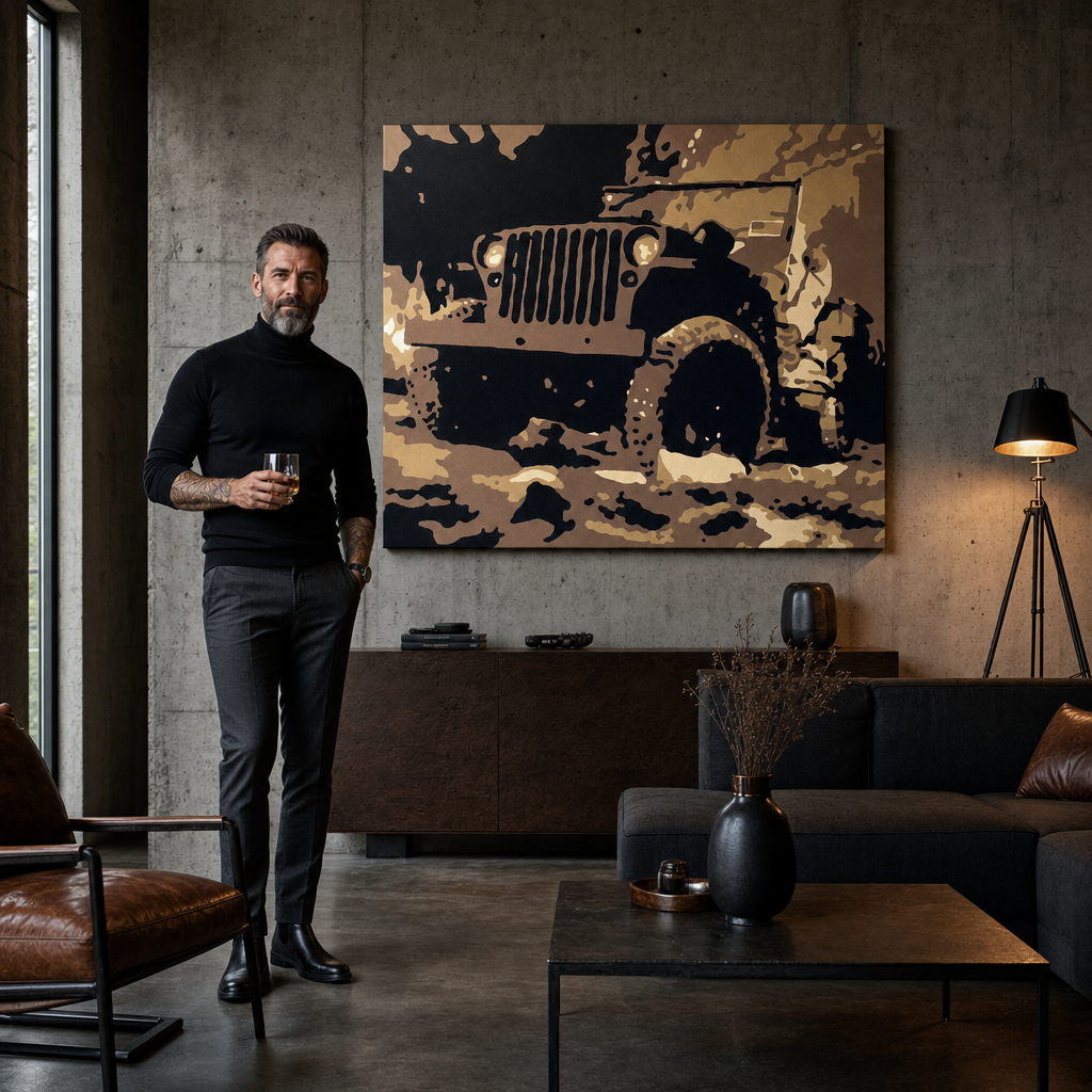 Tablou POP ART pictat manual JEEP 1 buc jeep – tablou într-un interior modern masculin, vizualizare lifestyle. Culori dominante: maro, negru, bej, auriu.