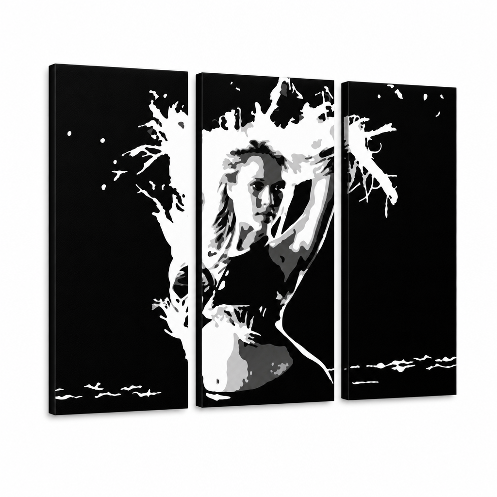 Tablou POP ART pictat manual Jessica Alba 3 piese de sine – Vizualizare 3D a tabloului pictat manual pe fundal alb. Culori dominante: negru, alb.