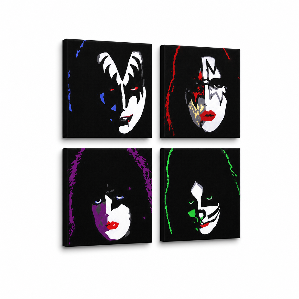 Tablou POP ART pictat manual Kiss 4 bucăți sărut – Vizualizare 3D a tabloului pictat manual pe fundal alb. Culori dominante: negru, alb, roșu, verde, mov.
